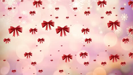 Animation-of-red-ribbons-falling-at-christmas-over-light-spots