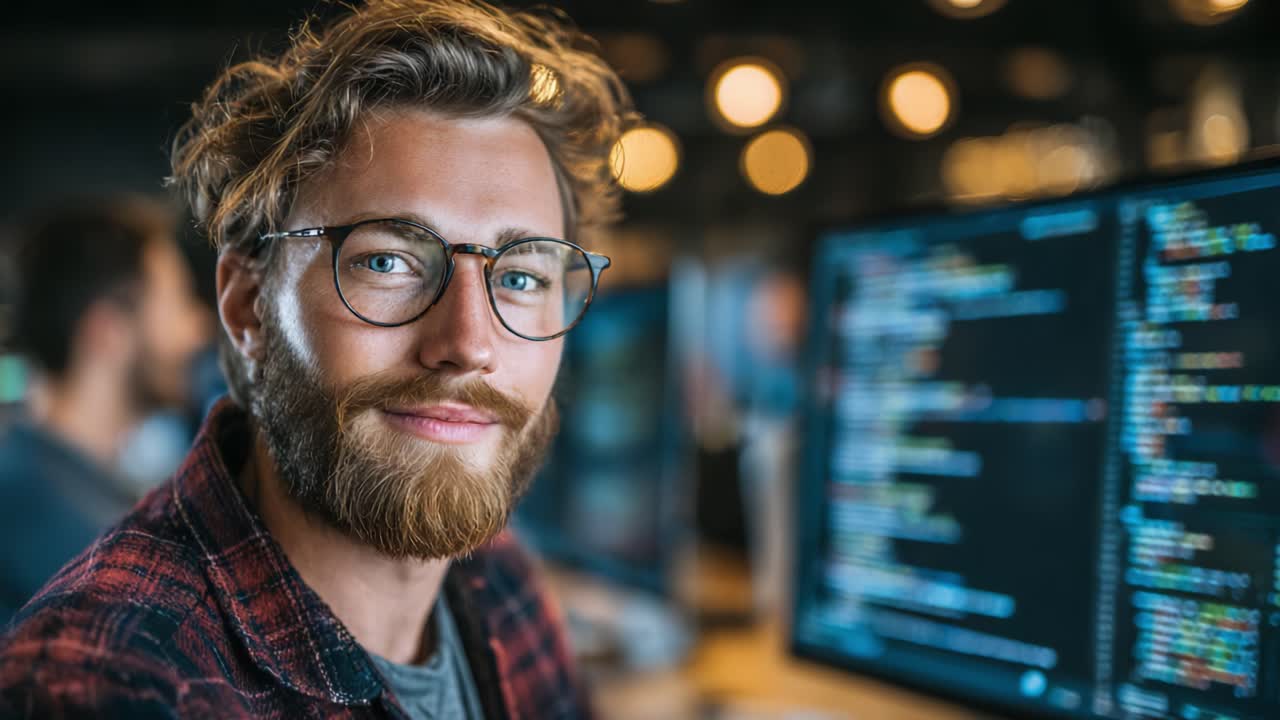 A Smiling Programmer Captures the Essence of Modern Coding Culture with a Passionate Gaze, Surrounded by Monitors Displaying Lines of Code and Creative Ideas