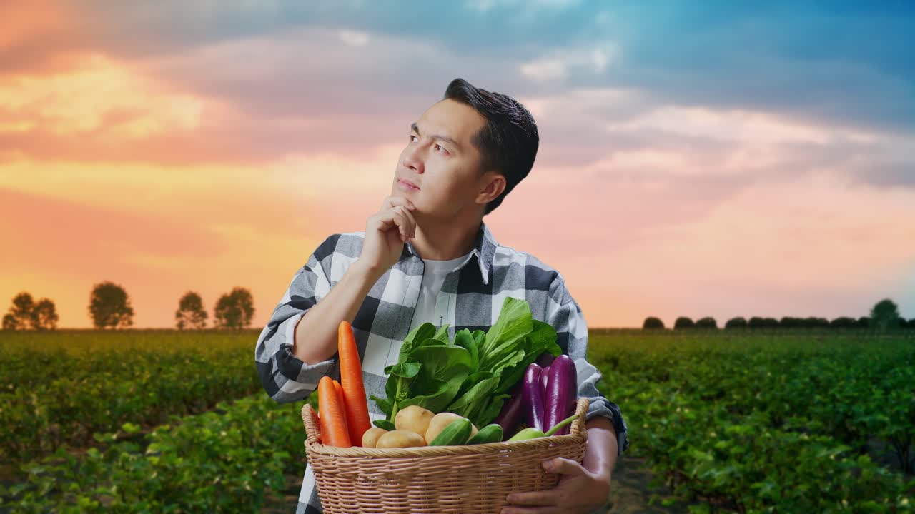 신선 한 채소 바구니 를 가진 농부