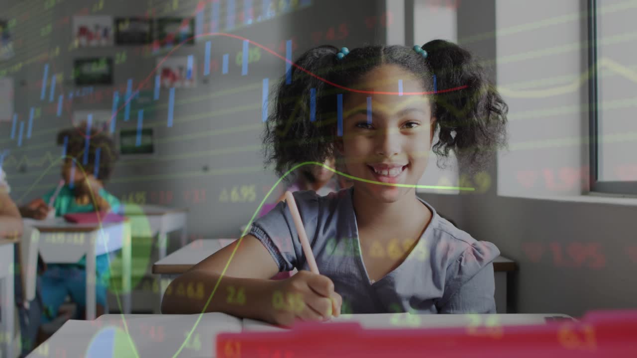 Female student doing classwork, writing with pencil and initiating animated graphs over notebook