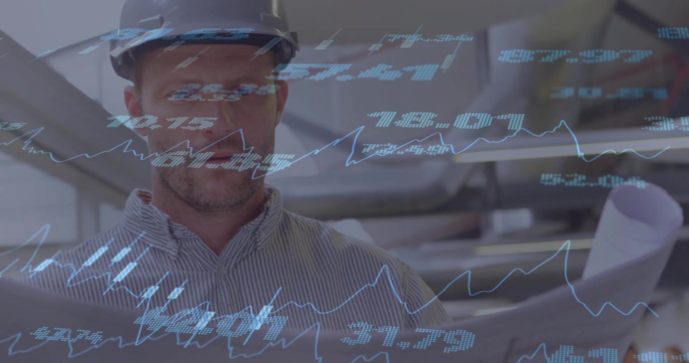 Animation of financial data processing over caucasian male architect in office