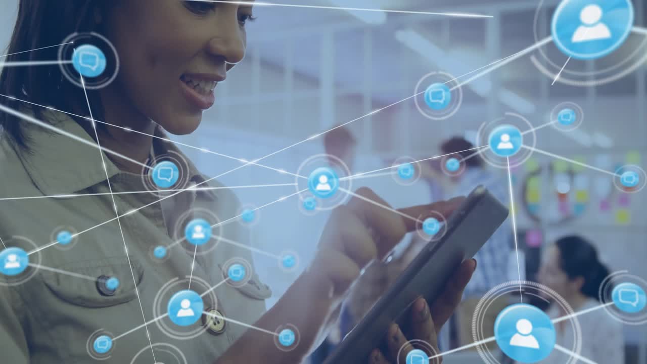 woman tapping tablet screen and generating technology network user icons illustrating collaboration