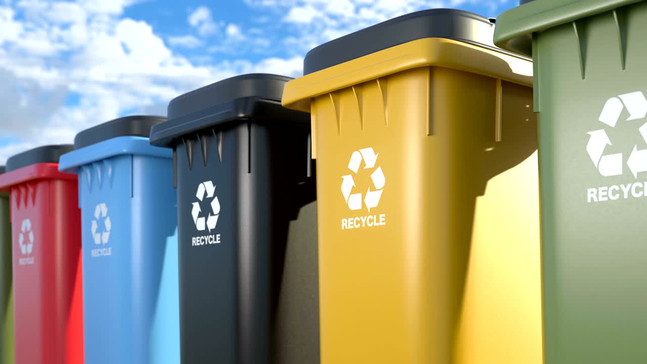 Colorful plastic trash cans with a logo recycling looped animation on a blue sky background. Symbol of recycling, waste sorting and saving the environment