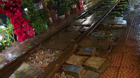 wet railway tracks with surrounding decorations