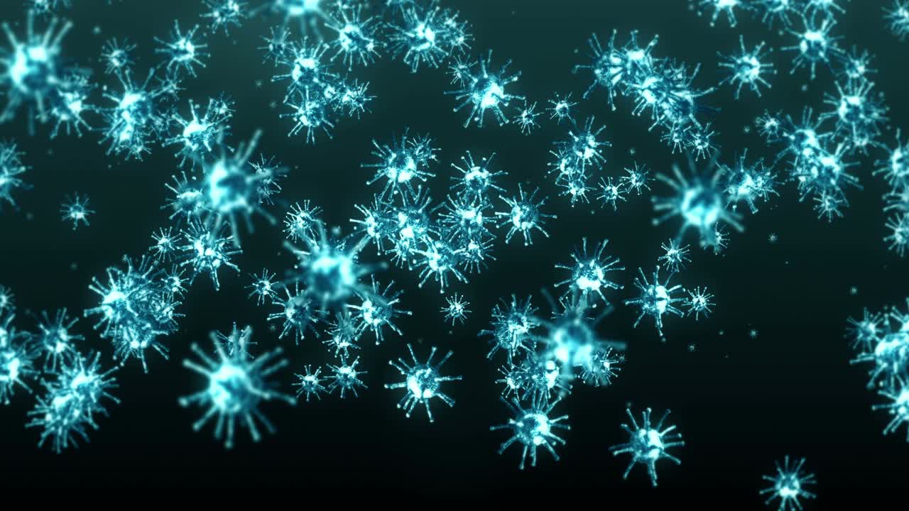 Flying many virus cells on black background. Medical concept, Microscopic illustration. 3D animation of virus molecule rotating. Loop animation.