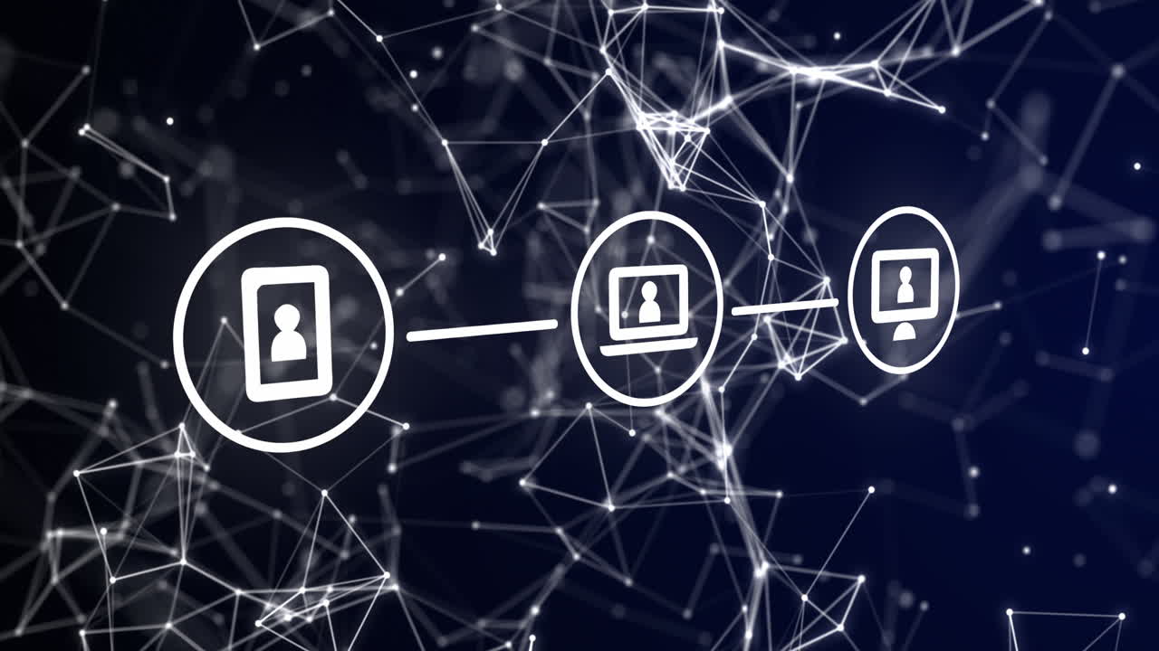 animación de tres iconos de interfaz de computadora digital blancos con estructura de plexo sobre fondo azul