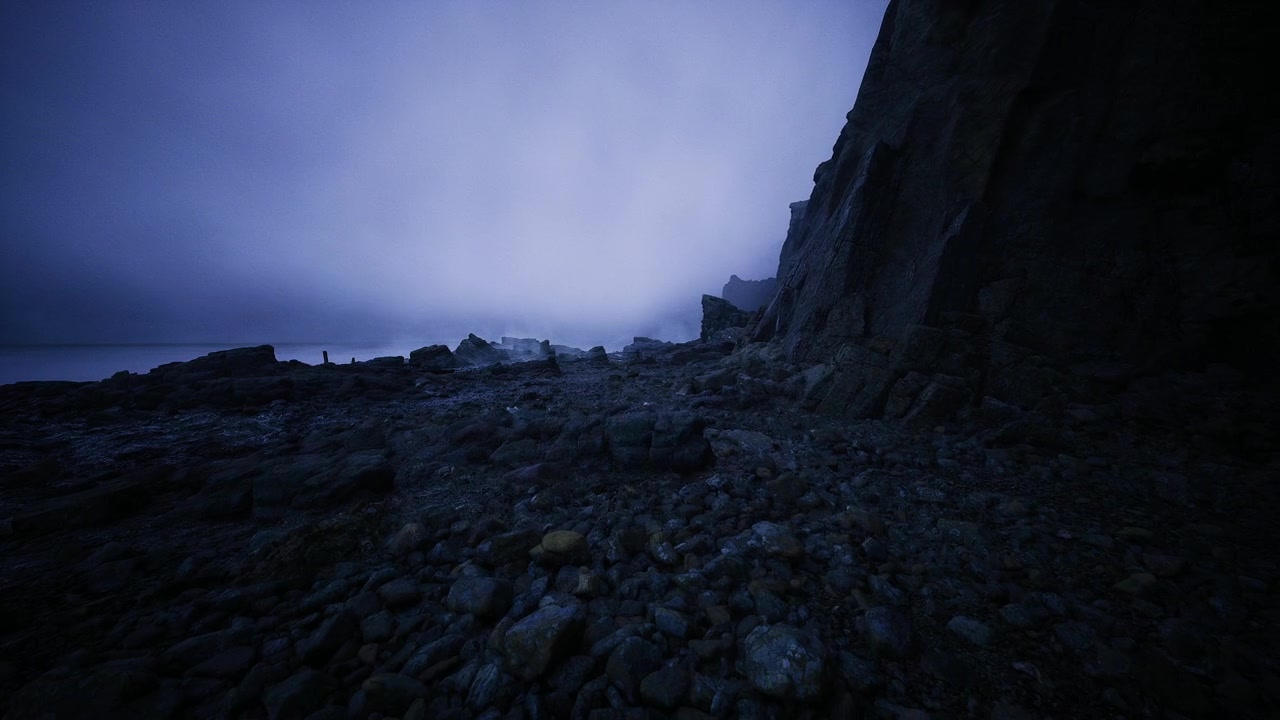 Nighttime rugged terrain scene foreboding mountain slope under moonlight