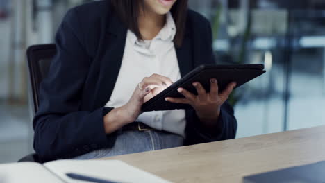 business woman, hands and tablet in research