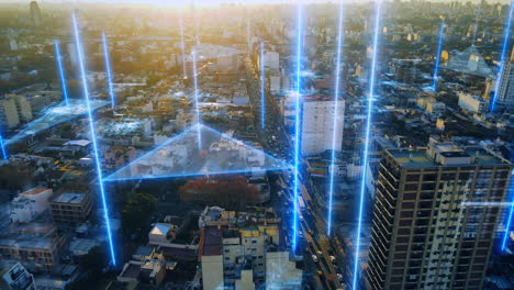 aerial drone shot of future concept with glowing digital lines connecting city - urban traffic on road surrounded by buildings and skyscrapers of buenos aires - prores footage