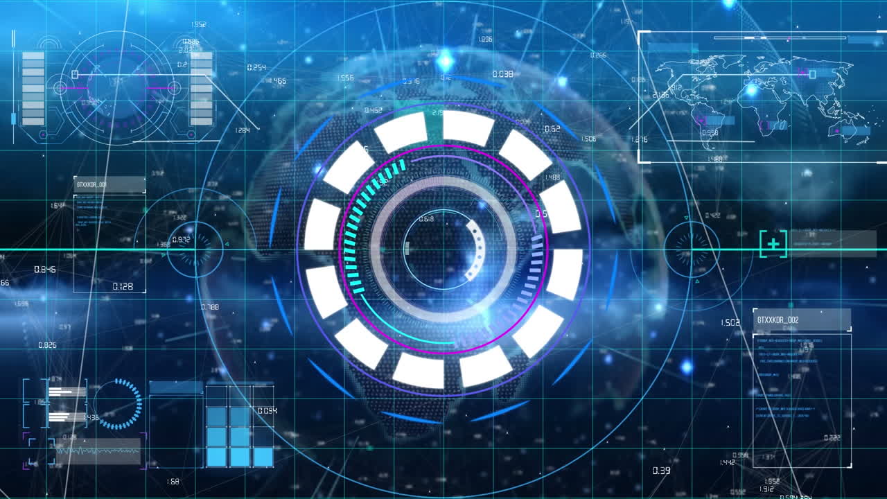 파란색 배경에 회전하는 지구 위에서 둥근 스캐너와 데이터 처리 인터페이스의 애니메이션