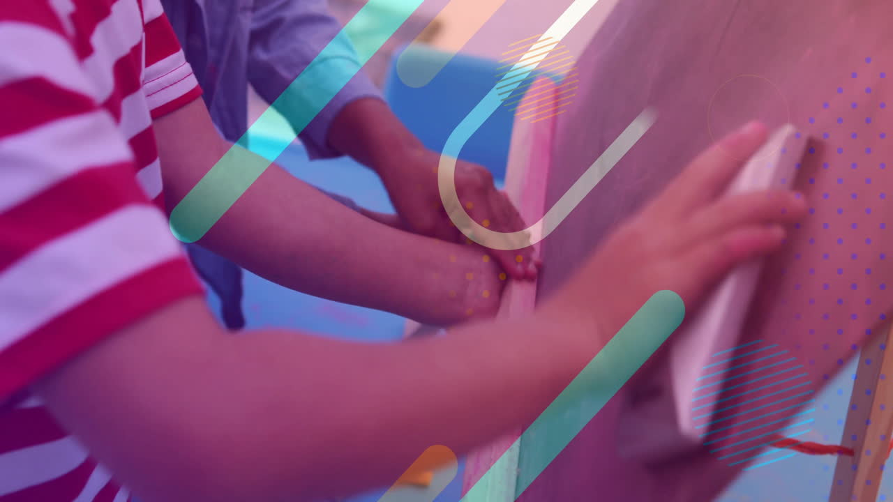 Children drawing on chalkboard with colorful shapes animation over scene