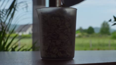 verter copos de avena en una taza de plástico con un bonito fondo natural en la cocina