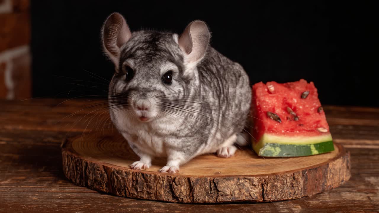 A Playful Chinchilla Enjoys a Healthy Snack of Watermelon on a Rustic Wooden Surface, Showcasing the Charm of Small Pets in an Enchanting Setting