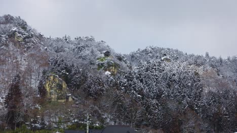 Yamagata-Mountains-and-Yamadera-Temple-in-the-Snow,-Winter-in-Japan-4k