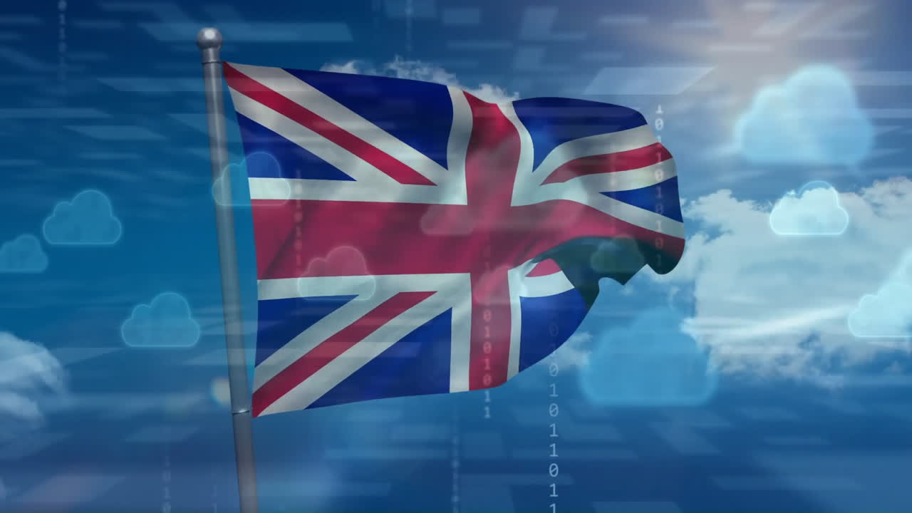 bandera del reino unido ondeando con computación en la nube y animación de código binario sobre el cielo