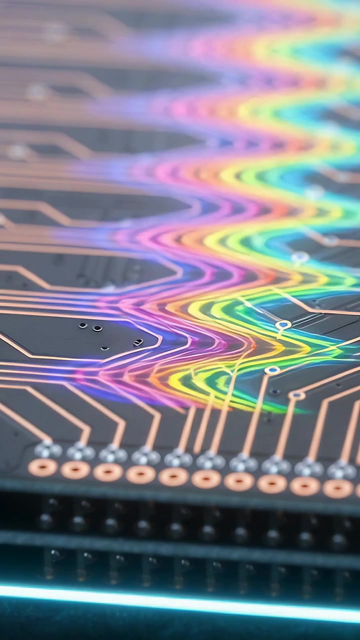 Video verticale: Attivazione di una barra LED ciano che proietta onde arcobaleno su un circuito stampato al banco, per animazione