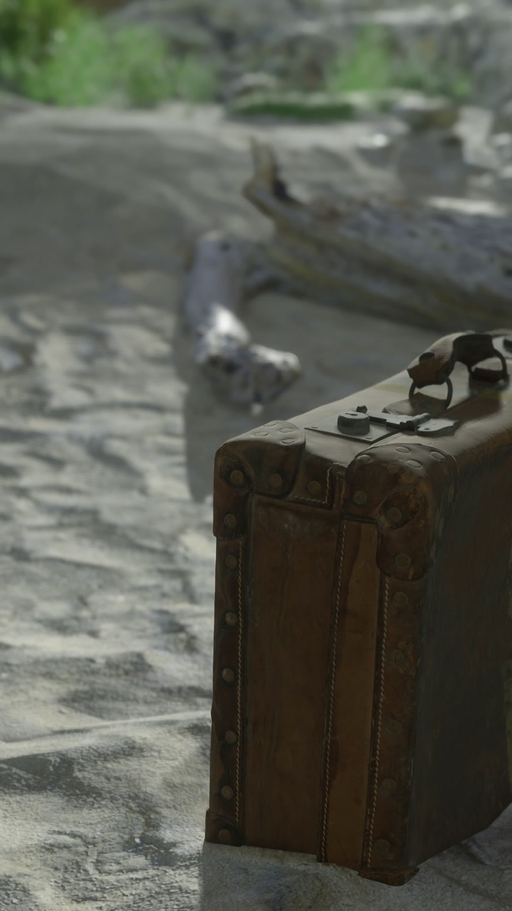 Old suitcase rests on sandy ground near a beach
