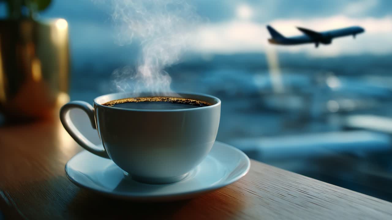 A Tranquil Moment with a Hot Cup of Coffee Overlooking an Airport Runway, Showcasing a Calm Scene of Steaming Brew Amidst the Buzz of Air Travel in the Background