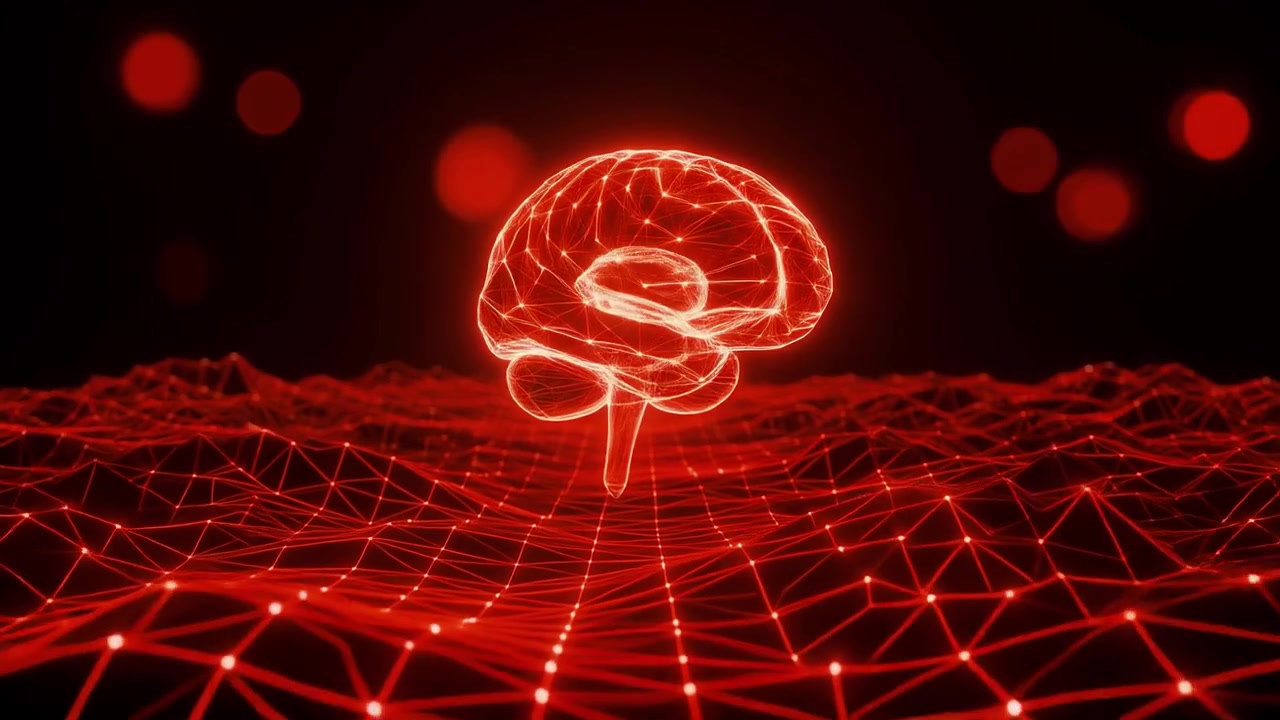 Cerebro de inteligencia artificial con red digital roja.