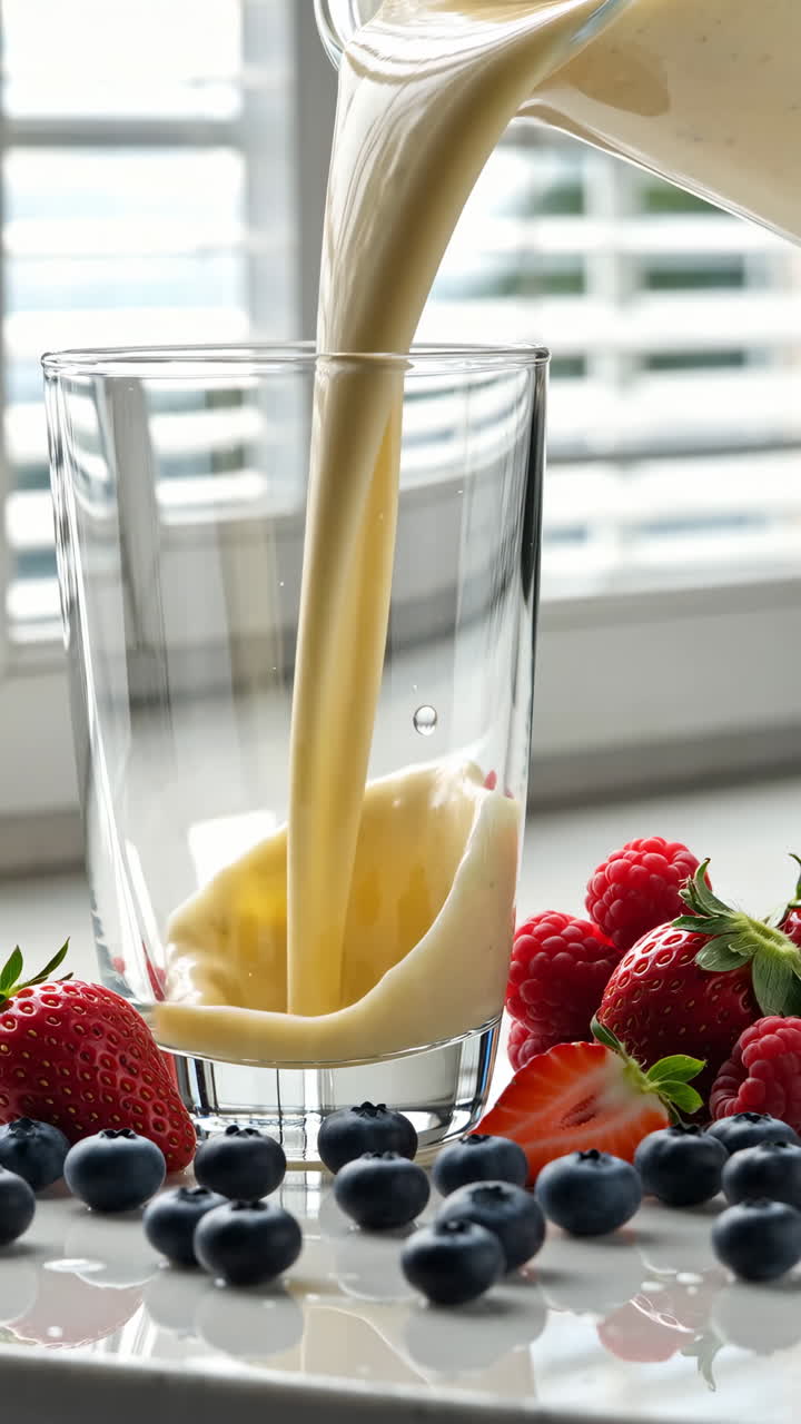 Versamento di un frullato fresco di frutti di bosco con fragole, mirtilli e lamponi