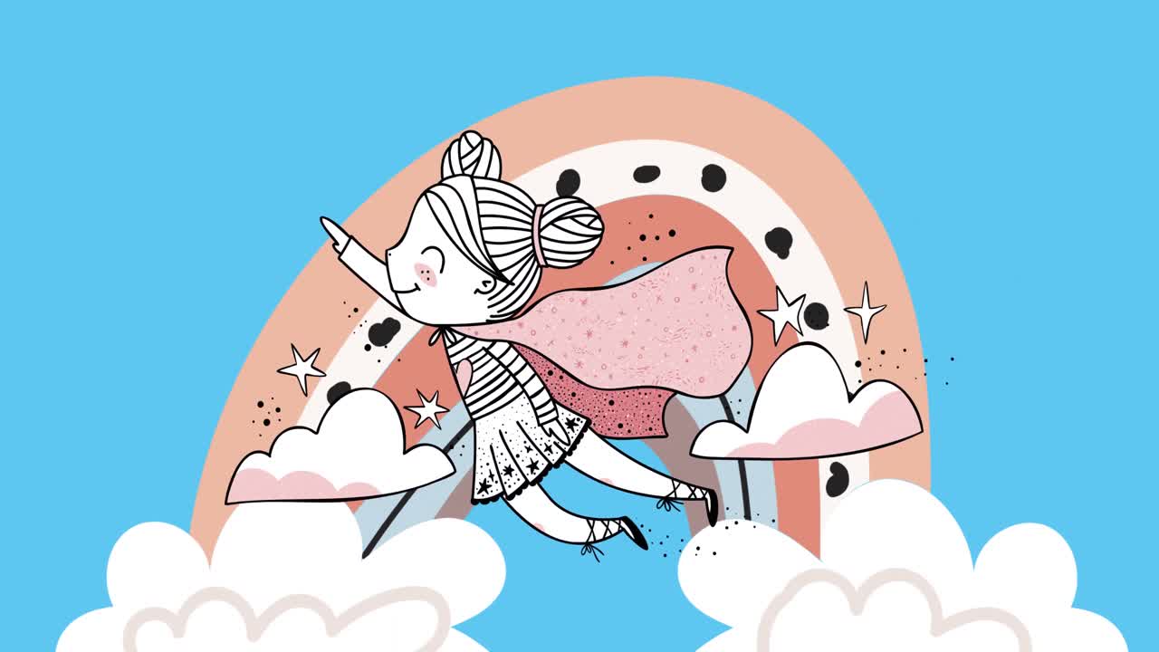 animación de una chica superhéroe volando , sobre nubes y arco iris