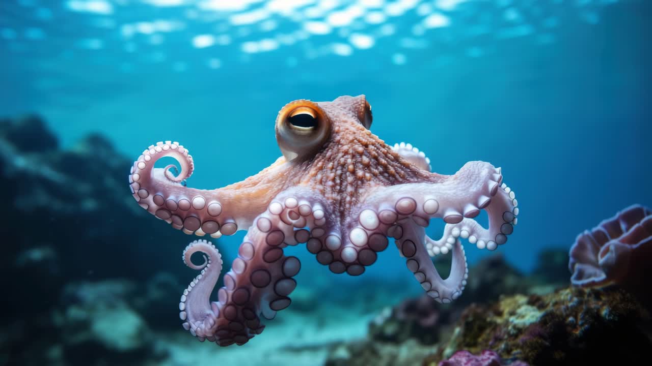 Underwater video still of an octopus gliding over coral