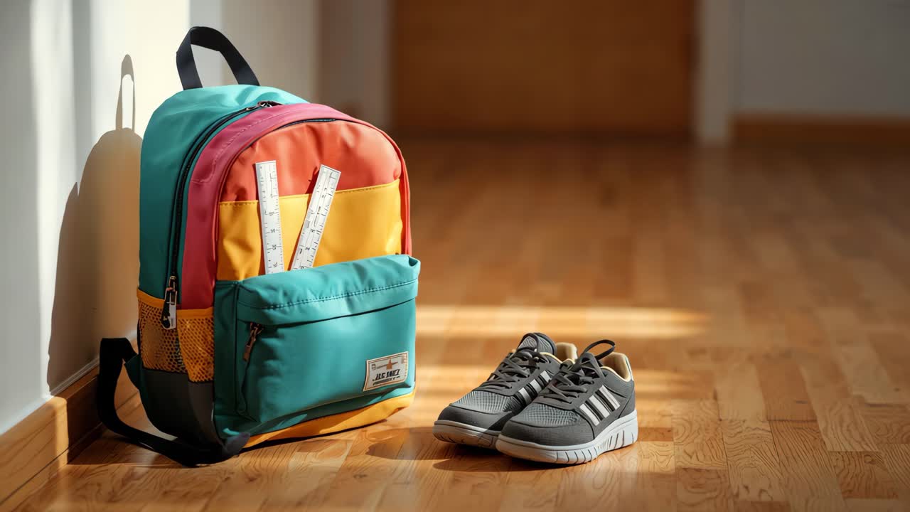 Backpack and shoes by a wall
