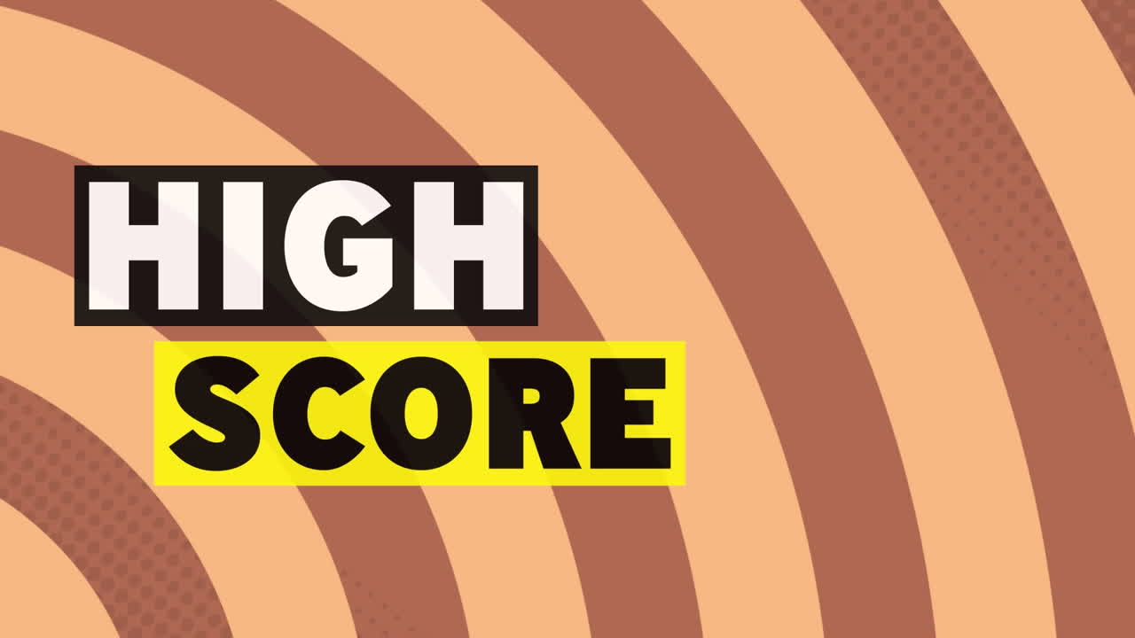 Animation of high score text banner against radial rays in seamless pattern on brown background