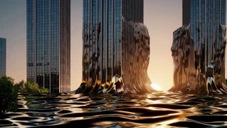 sunrise over a flooded futuristic city