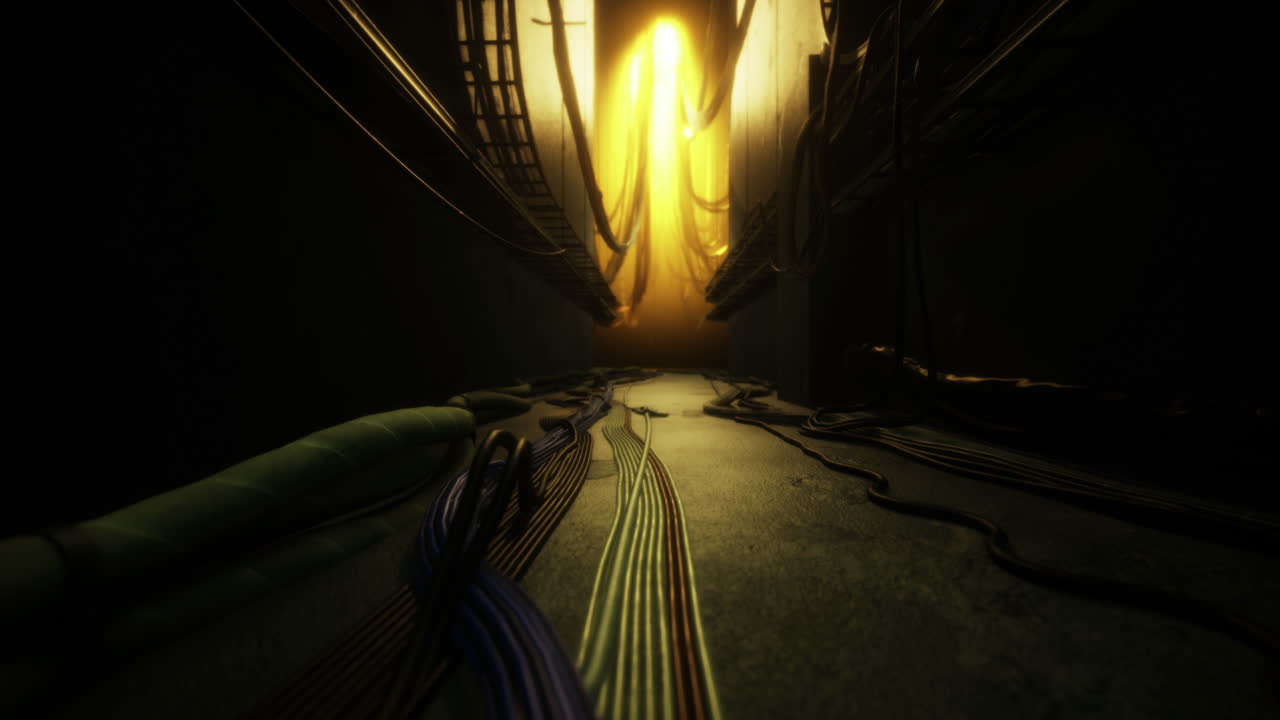 Intricate network of cables leading to a bright yellow light in a dark corridor
