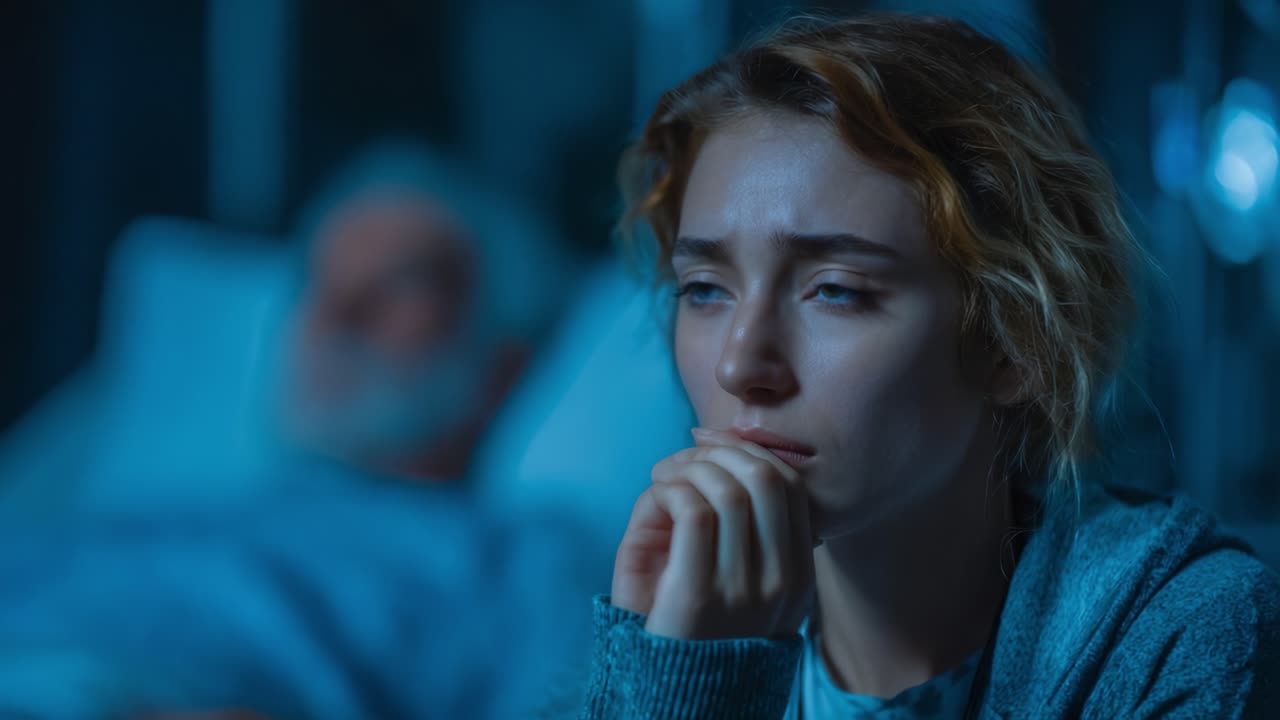 A Heartfelt Moment: A Young Woman's Contemplative Expression of Concern While Sitting by Her Loved One in a Contemplative Hospital Setting