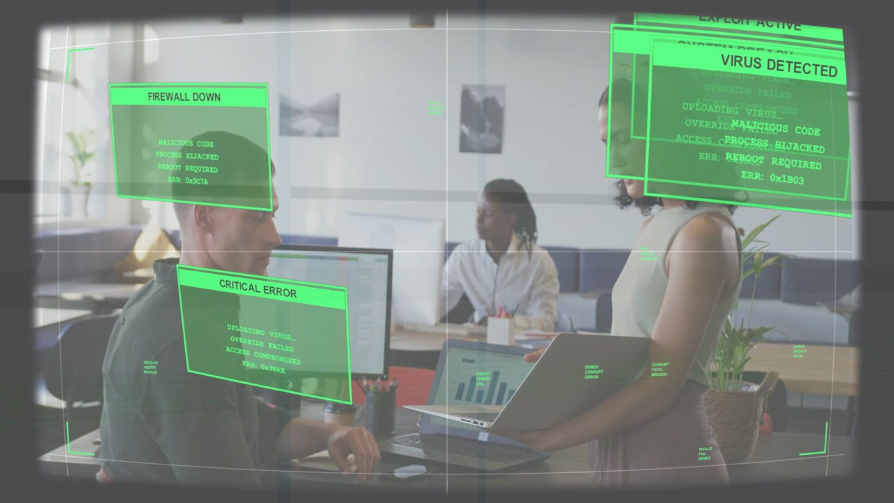 Due colleghi che indicano un laptop e un monitor, sistema che rileva una violazione informatica, avvisi HUD verdi che si sovrappongono.