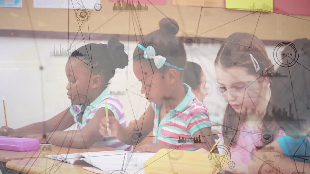 Zooming out revealing two students writing expanding to five group in classroom with network grid