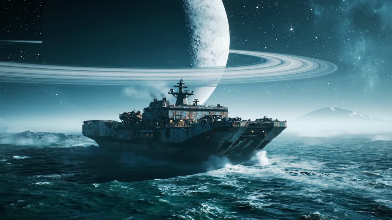 A Futuristic Ship Sailing on an Ocean Under a Ringed Planet