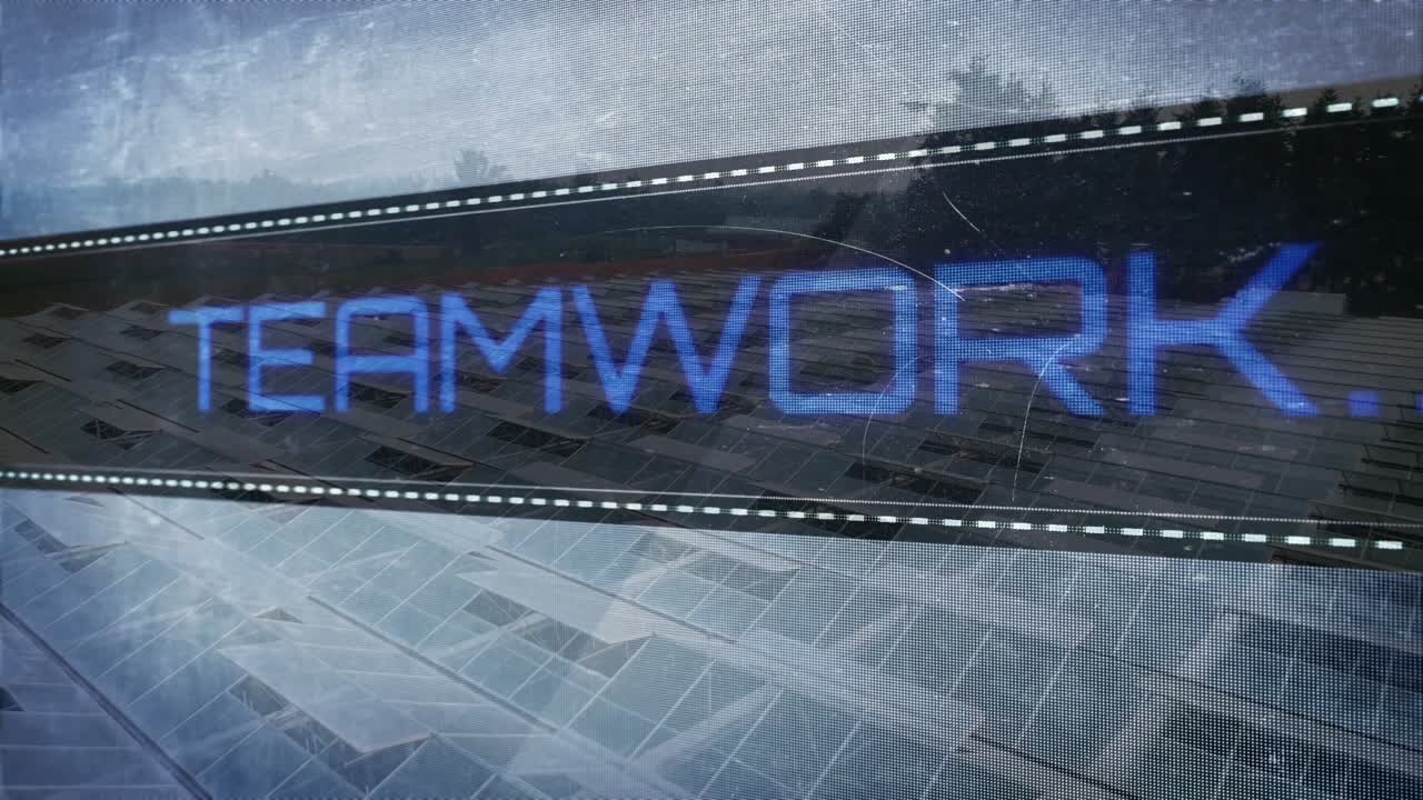 Dark ribbon appearing, blue type sliding, forming TEAMWORK, pulsing, fading, revealing title
