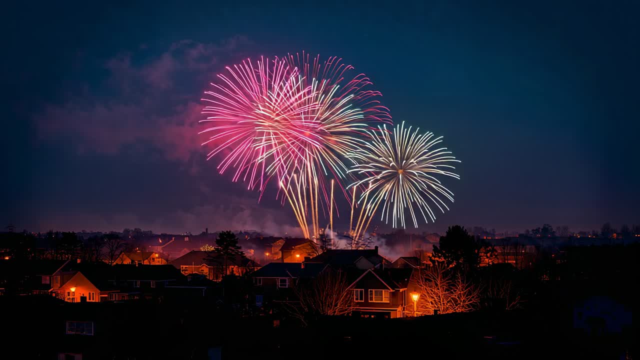 Launching fireworks rockets with trails over suburban homes, bursting pink green blooms overhead
