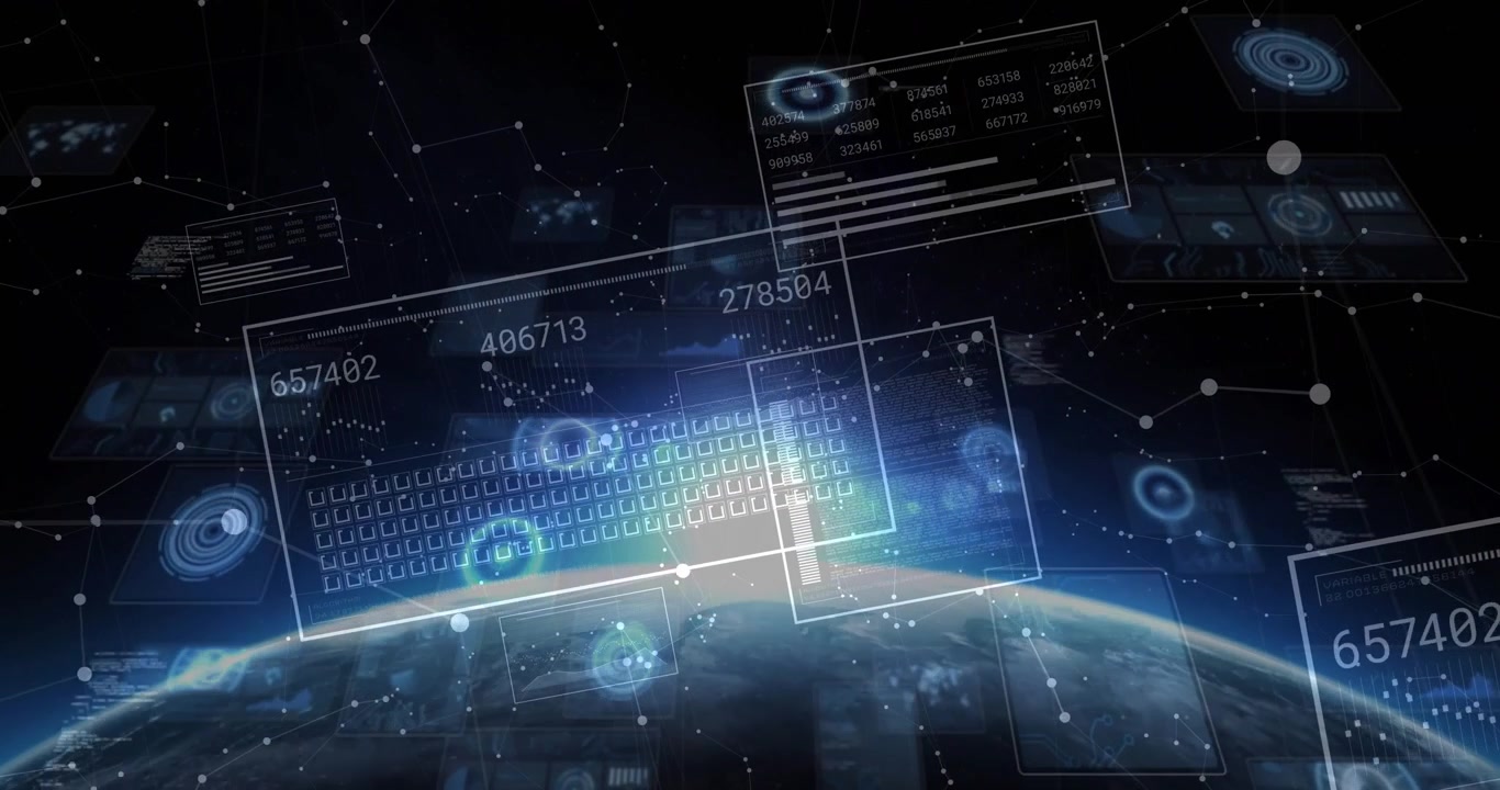 Animated illustration showing translucent UI panels floating above earth horizon with data charts