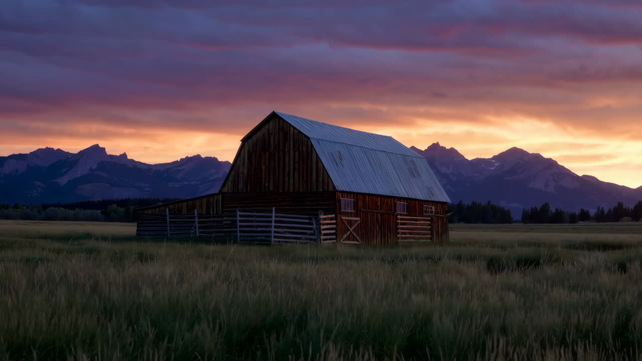 Rustic Barn in a Field at Sunset with Mountains