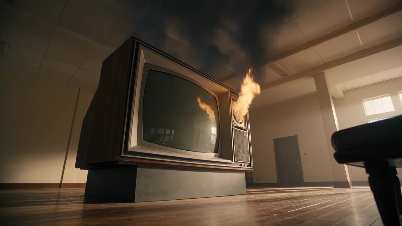 Zeigt einen Vintage-Holz-Röhrenfernseher, der Flammen aus dem rechten Bedienfeld in einem großen Raum ausstößt, mit Rauch