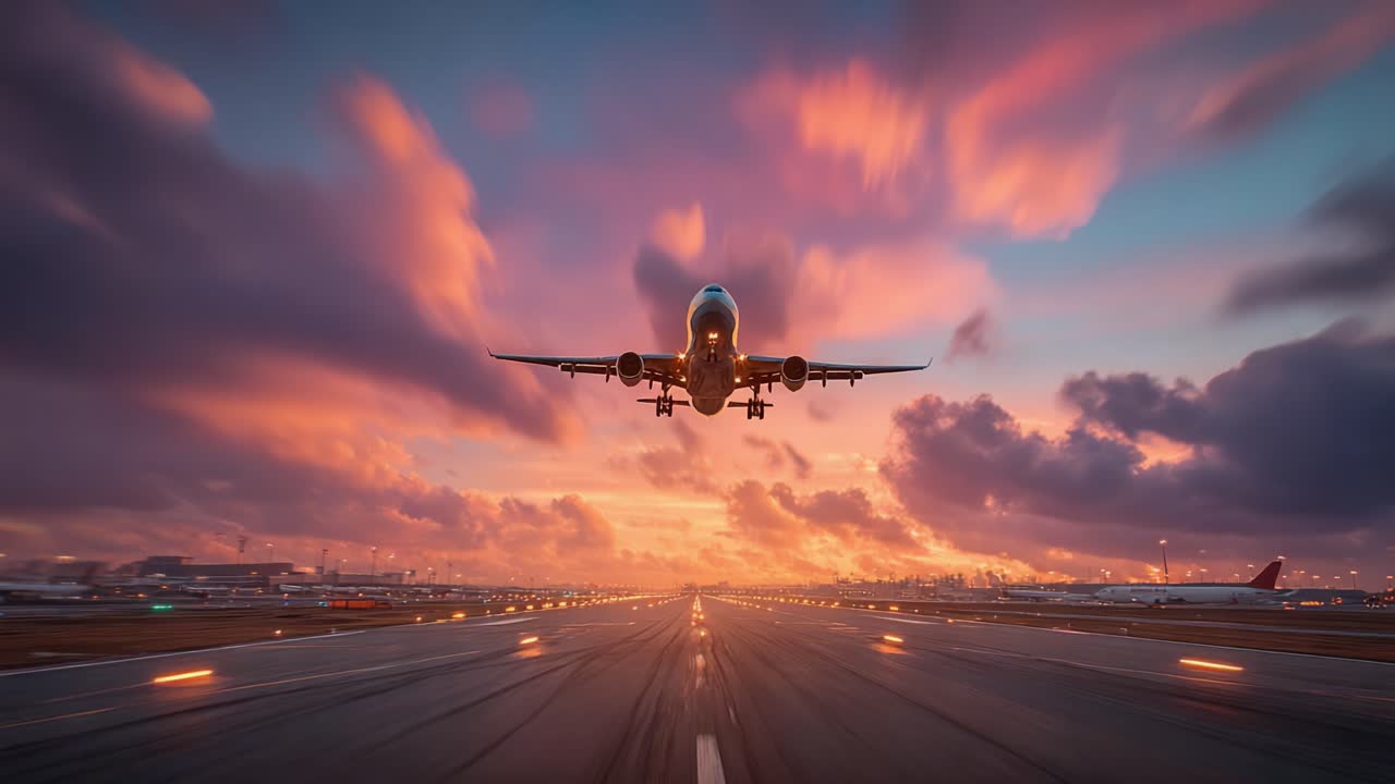 Uno splendido atterraggio aereo al tramonto: cieli accattivanti illuminano la scena mentre un aereo si avvicina alla pista durante un crepuscolo vibrante.