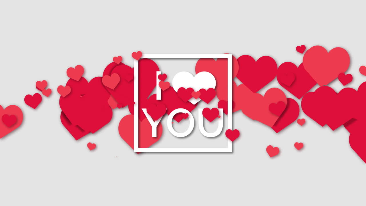 White background with animation of red love symbol hearts. Lettering I love you. Happy valentines day and weeding design elements.