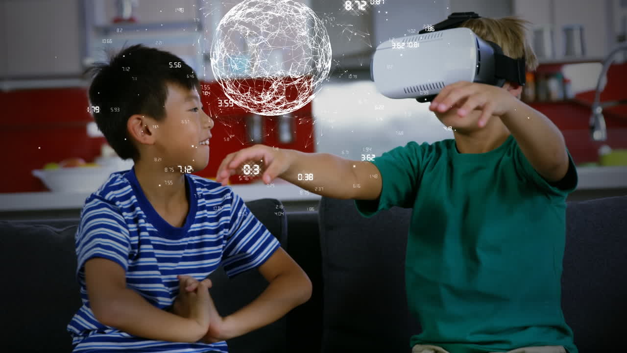 animación del globo con números sobre sonrientes niños diversos usando auriculares vr