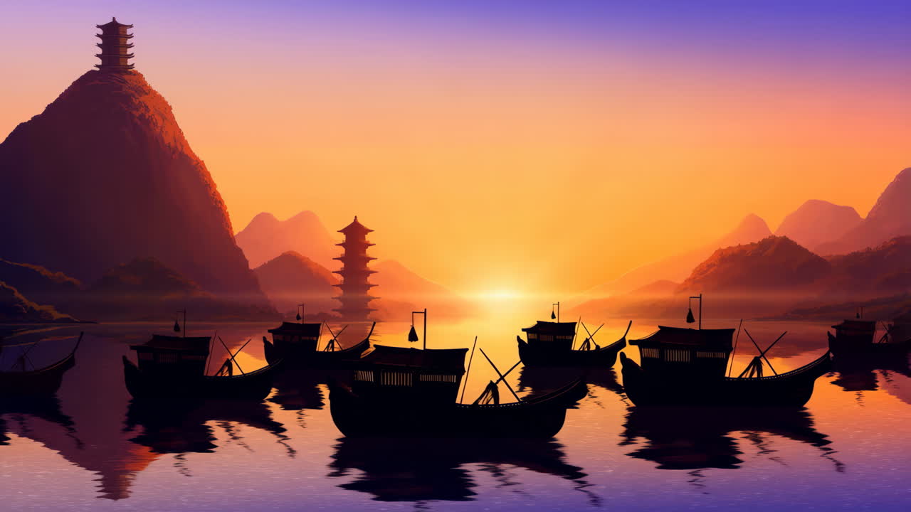Siluetas de barcos asiáticos tradicionales y pagodas con una vibrante puesta de sol de fondo