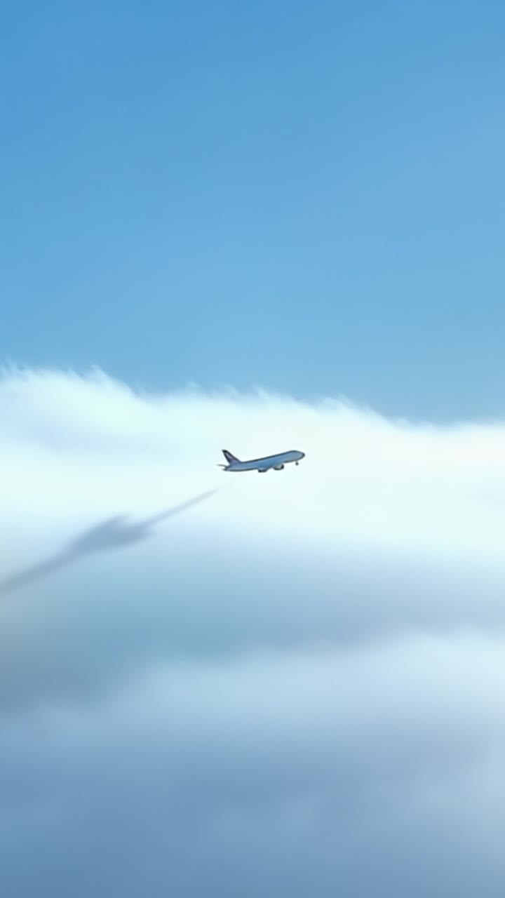 Un aereo solitario si libra sopra le nuvole, tagliando il cielo blu mentre lascia una scia di condensa, simboleggiando viaggio ed esplorazione nella vasta atmosfera