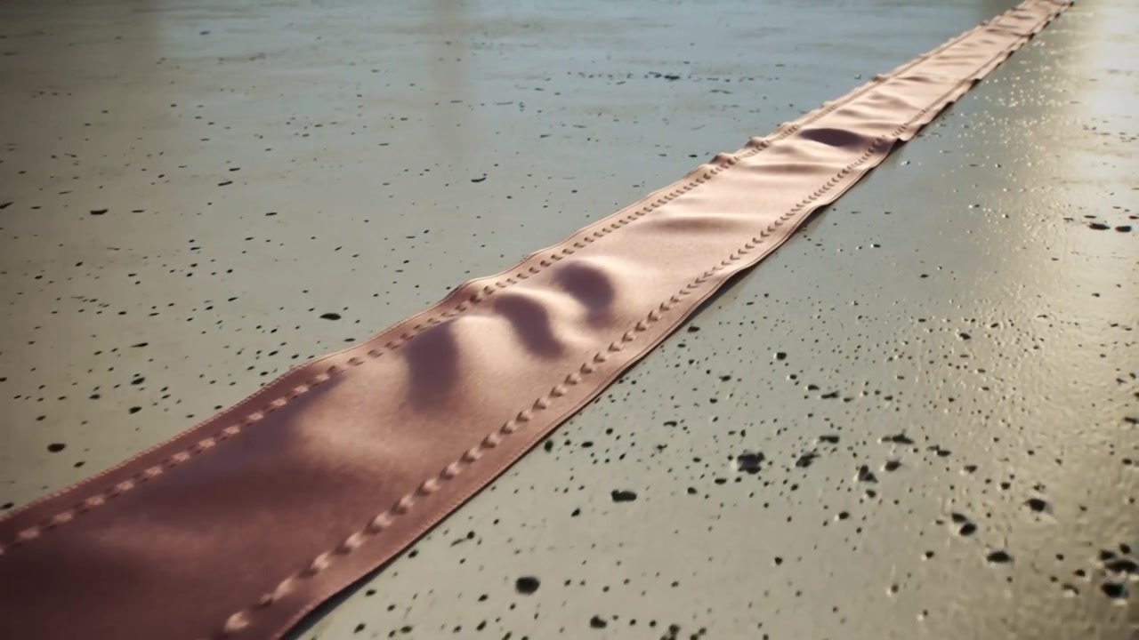 Tracking low camera moving along pink satin ribbon on speckled concrete, revealing stitched holes