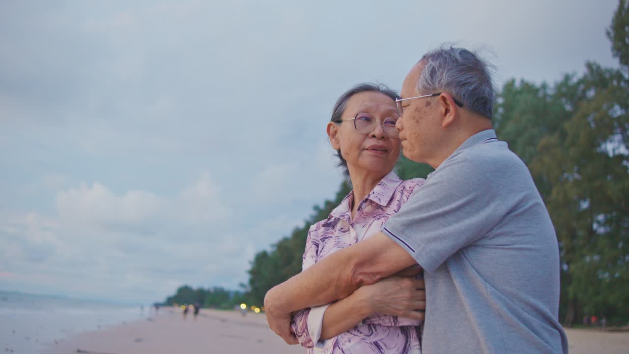 Affectionate Senior Couple on a Beach at Sunset