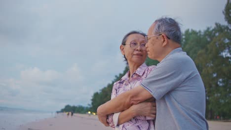 해가 지는 해변 에 있는 사랑스러운 노인 부부