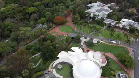 aerial view of a planetarium located in a beautiful green garden