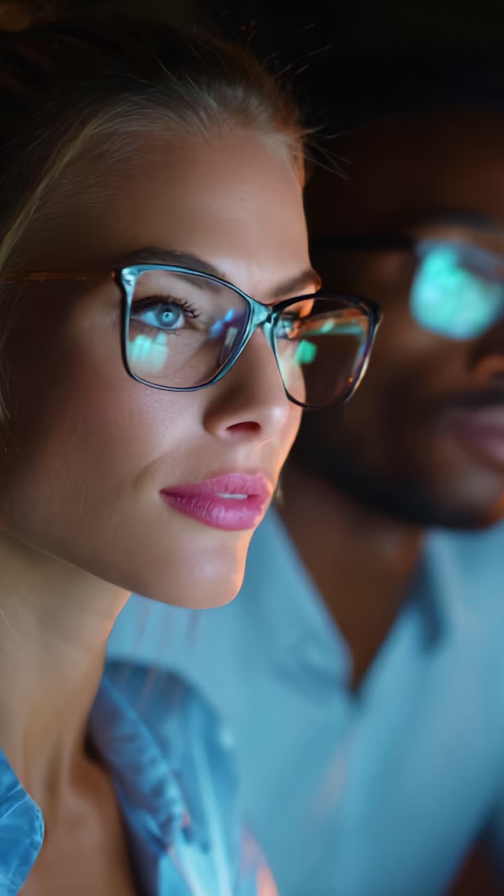 Espressioni concentrate: momenti accattivanti di studio intenso in un ambiente scarsamente illuminato con due persone impegnate nell'esplorazione di contenuti digitali