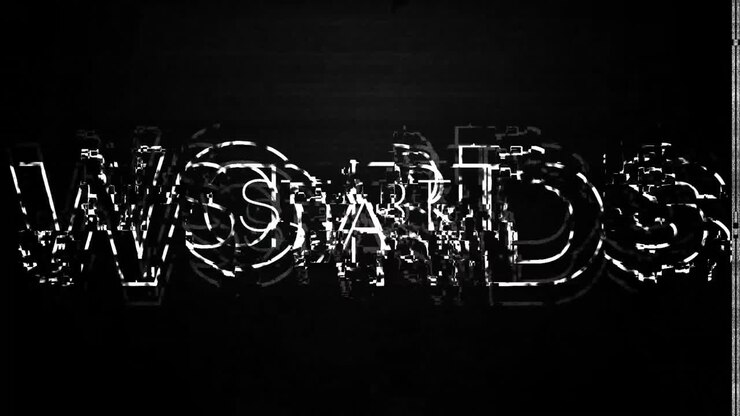 Animation of word start with glitch flickering on black background